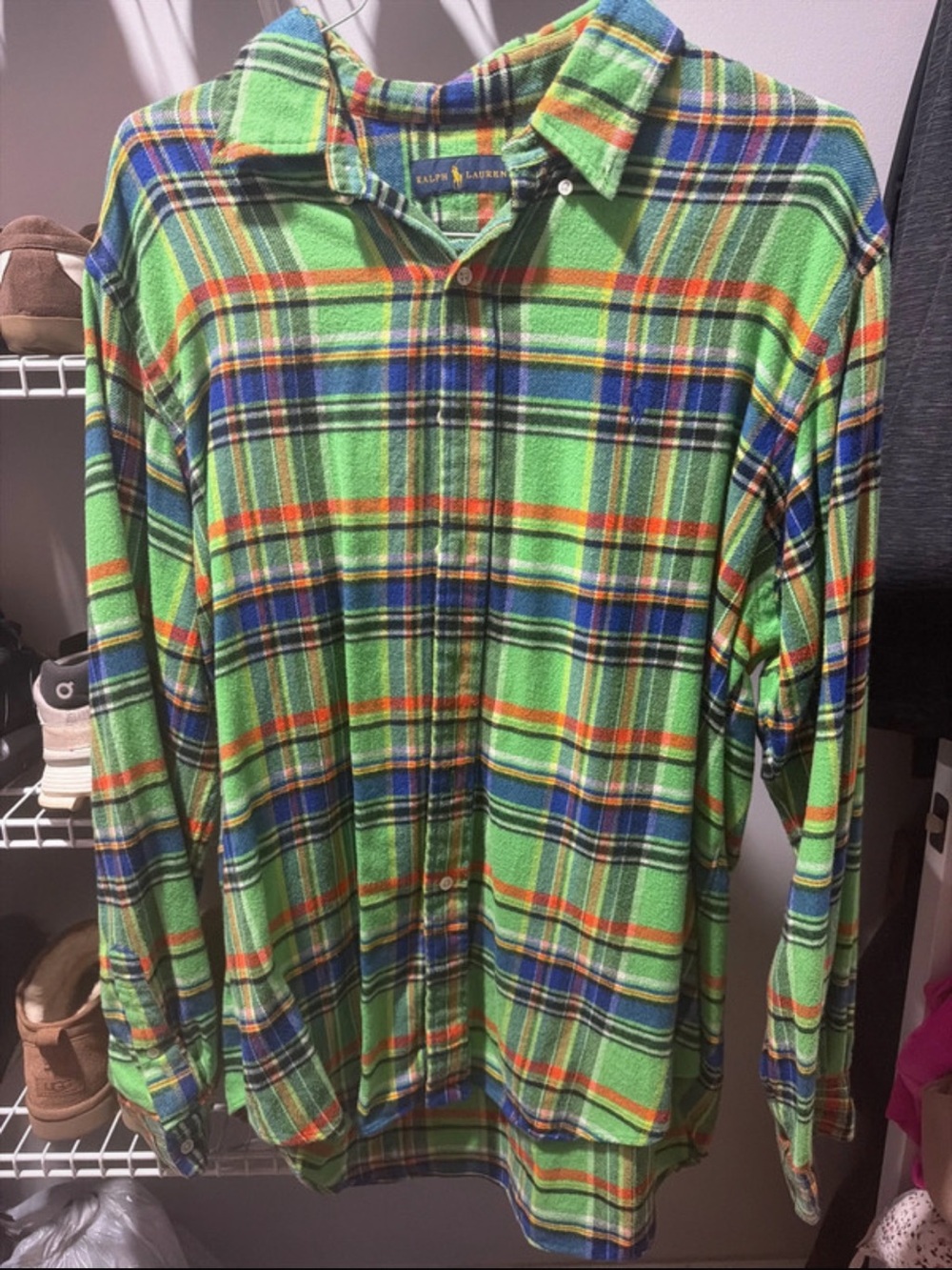 Ralph Lauren Green Plaid Button-Down Shirt with Blue & Orange Accents